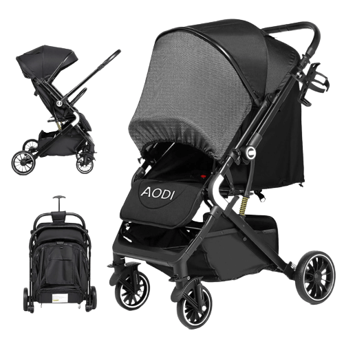 One Hand Easy Folding Compact Travel Stroller with Cup Holder & Oversize Basket